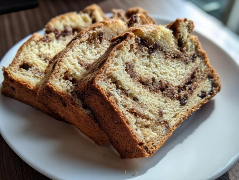 Close-up of three thick slices of soft raisin bread with a visible cinnamon swirl on a white plate.