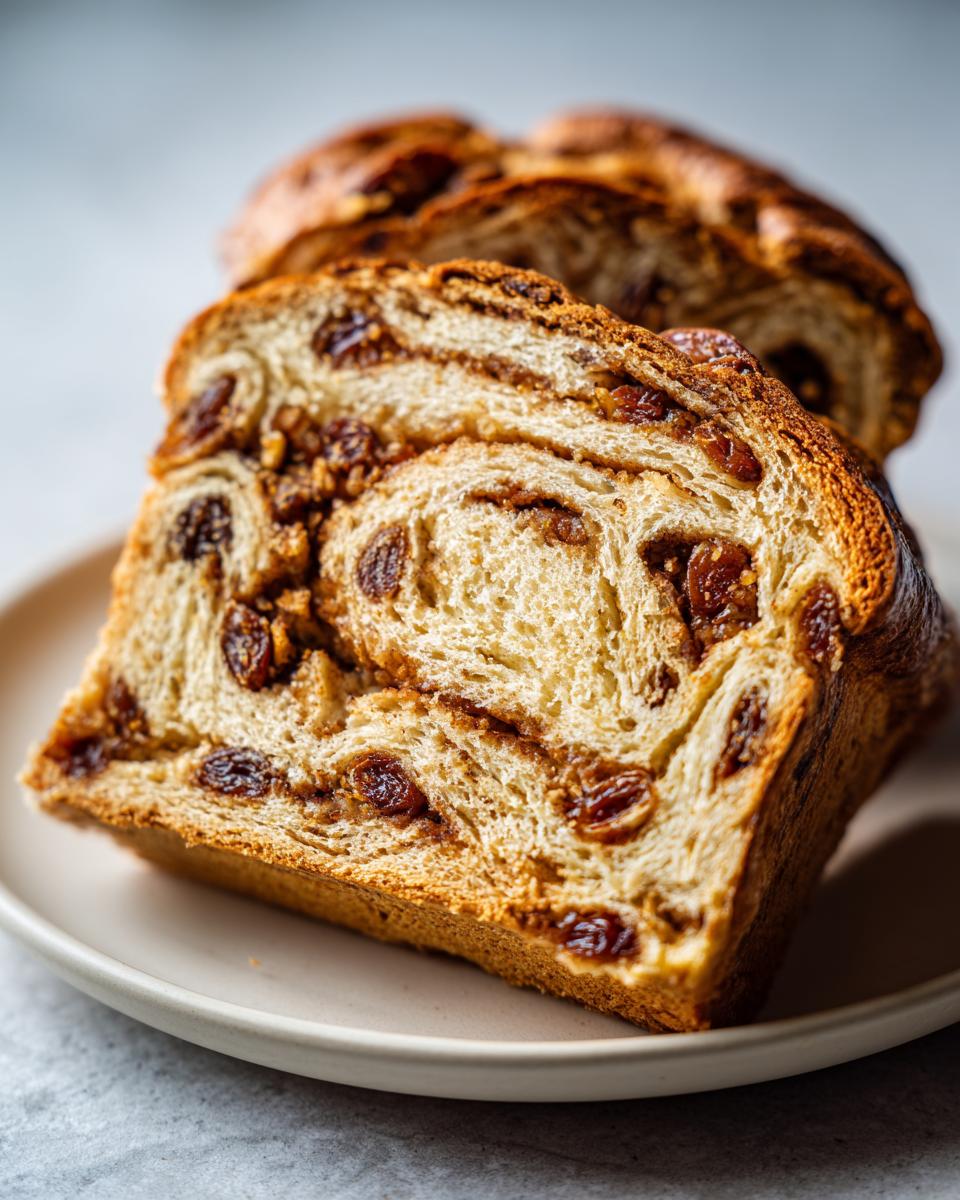 Close-up of two thick slices of soft raisin bread showing a rich swirl of cinnamon filling and plump raisins.