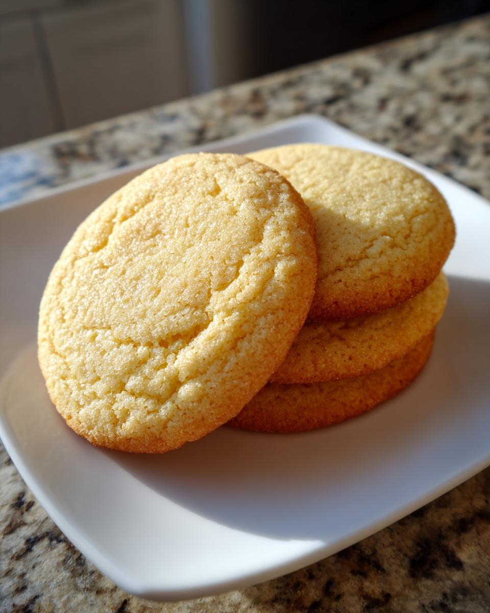 A stack of three golden brown, perfectly round soft sugar cookies resting on a white square plate.