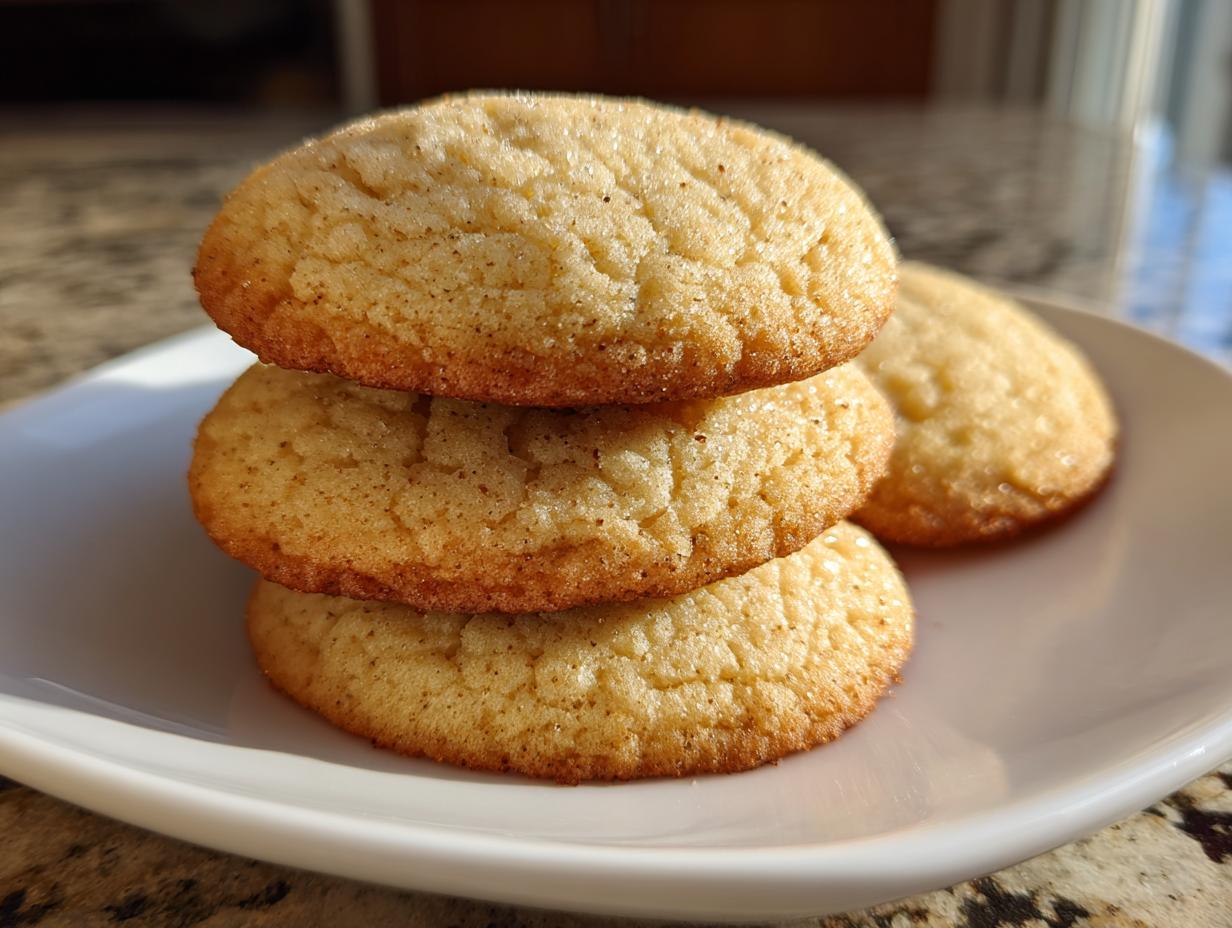 A stack of three golden brown, perfectly soft sugar cookies resting on a white plate.