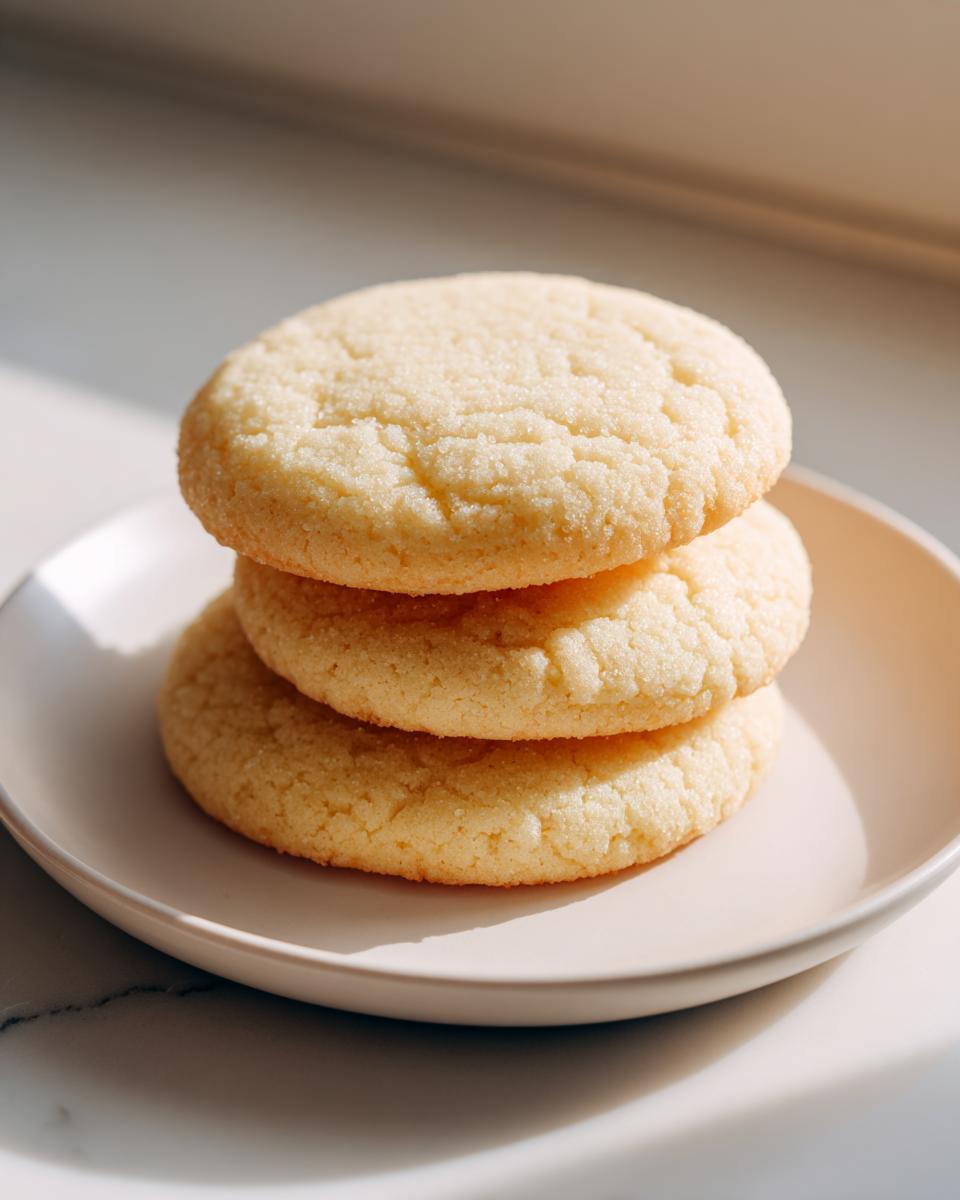 A stack of three perfectly round, pale yellow soft sugar cookies resting on a small, light-colored plate.