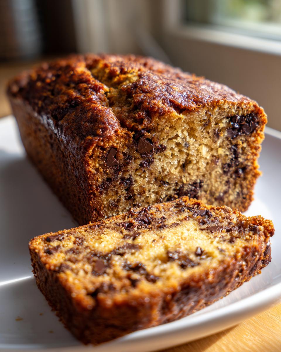 A close-up of a freshly baked sourdough banana bread loaf with a slice cut, showing rich chocolate chips throughout.