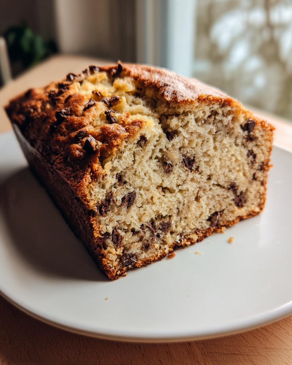 A close-up of a thick slice of moist sourdough banana bread studded with chocolate chips, resting on a white plate.