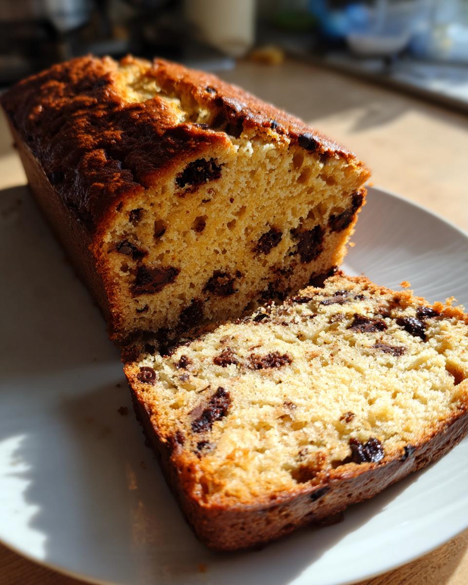 A golden-brown loaf of sourdough banana bread with chocolate chips, partially sliced on a white plate.