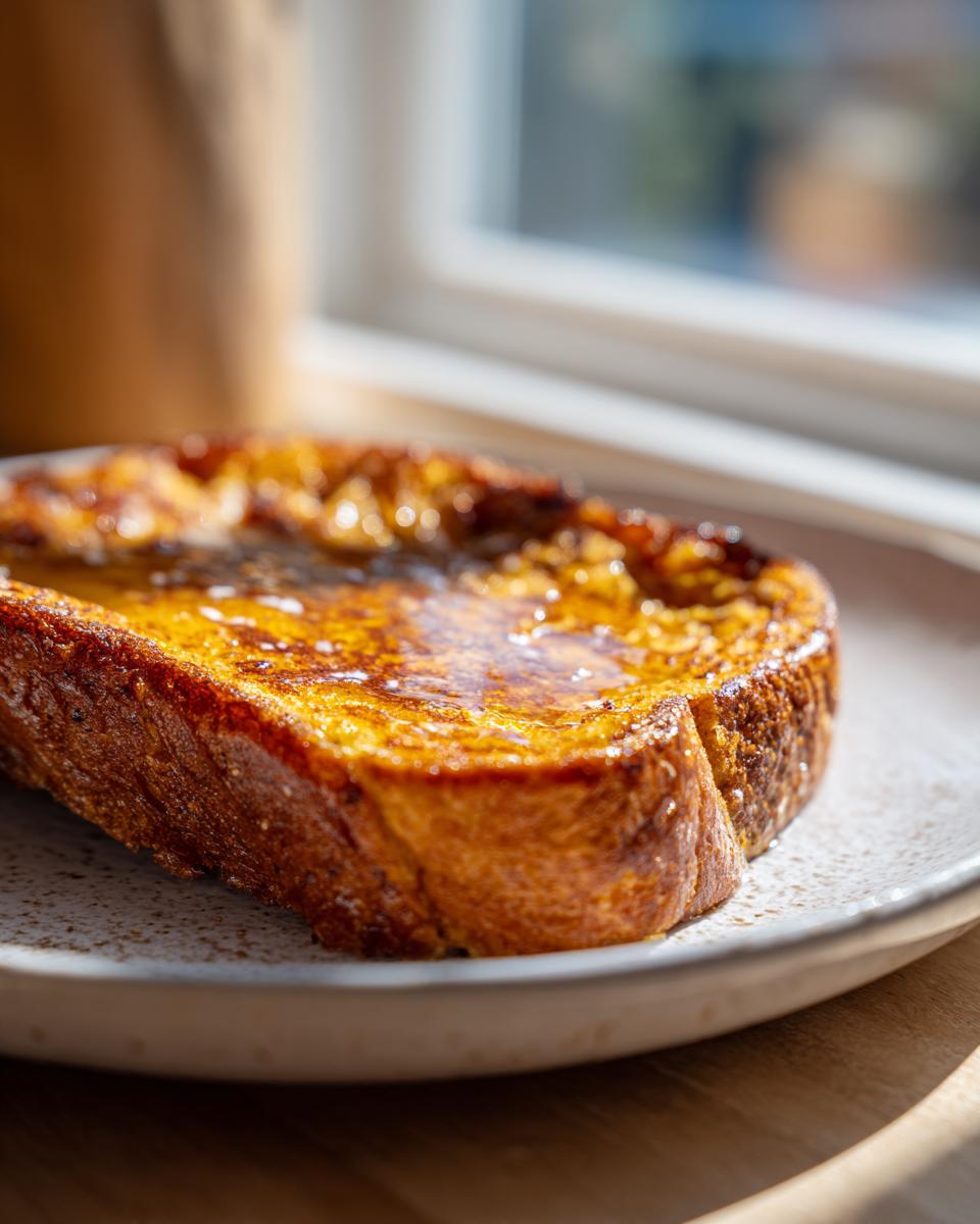 A thick slice of golden brown sourdough french toast topped with glistening syrup, served on a speckled plate.