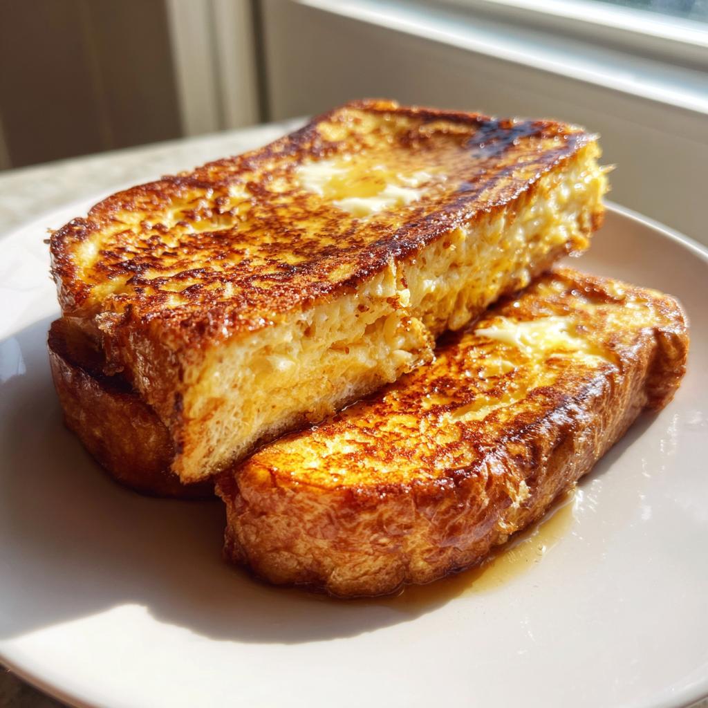 Two thick slices of golden brown sourdough french toast stacked slightly on a white plate, glistening with syrup.