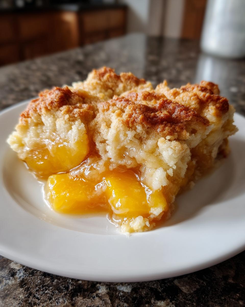A close-up shot of a warm serving of southern peach cobbler with a crumbly topping and juicy peaches.