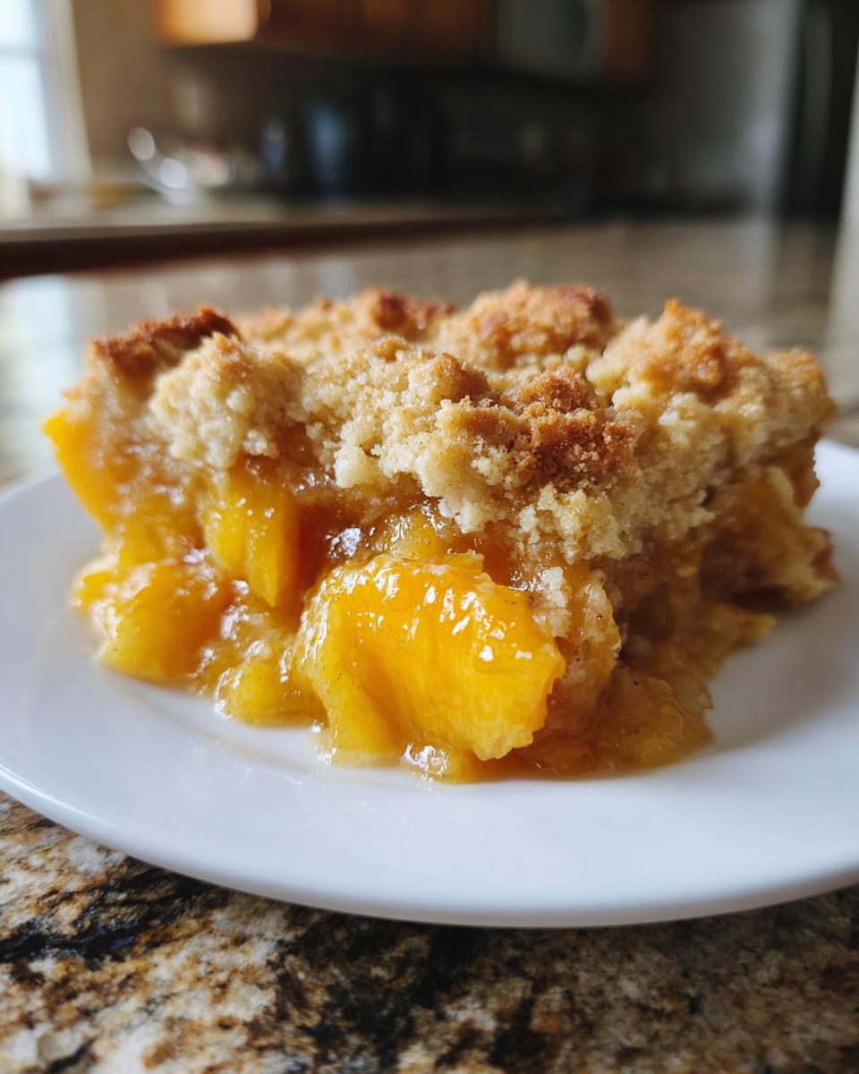 Close-up of a warm, gooey slice of southern peach cobbler with a crumbly topping on a white plate.