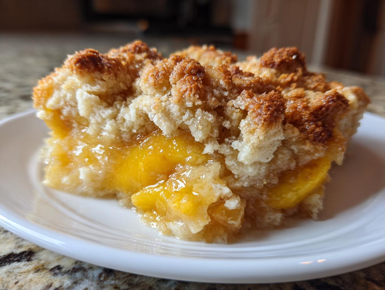 Close-up of a square serving of southern peach cobbler showing juicy peaches and a golden, crumbly topping.