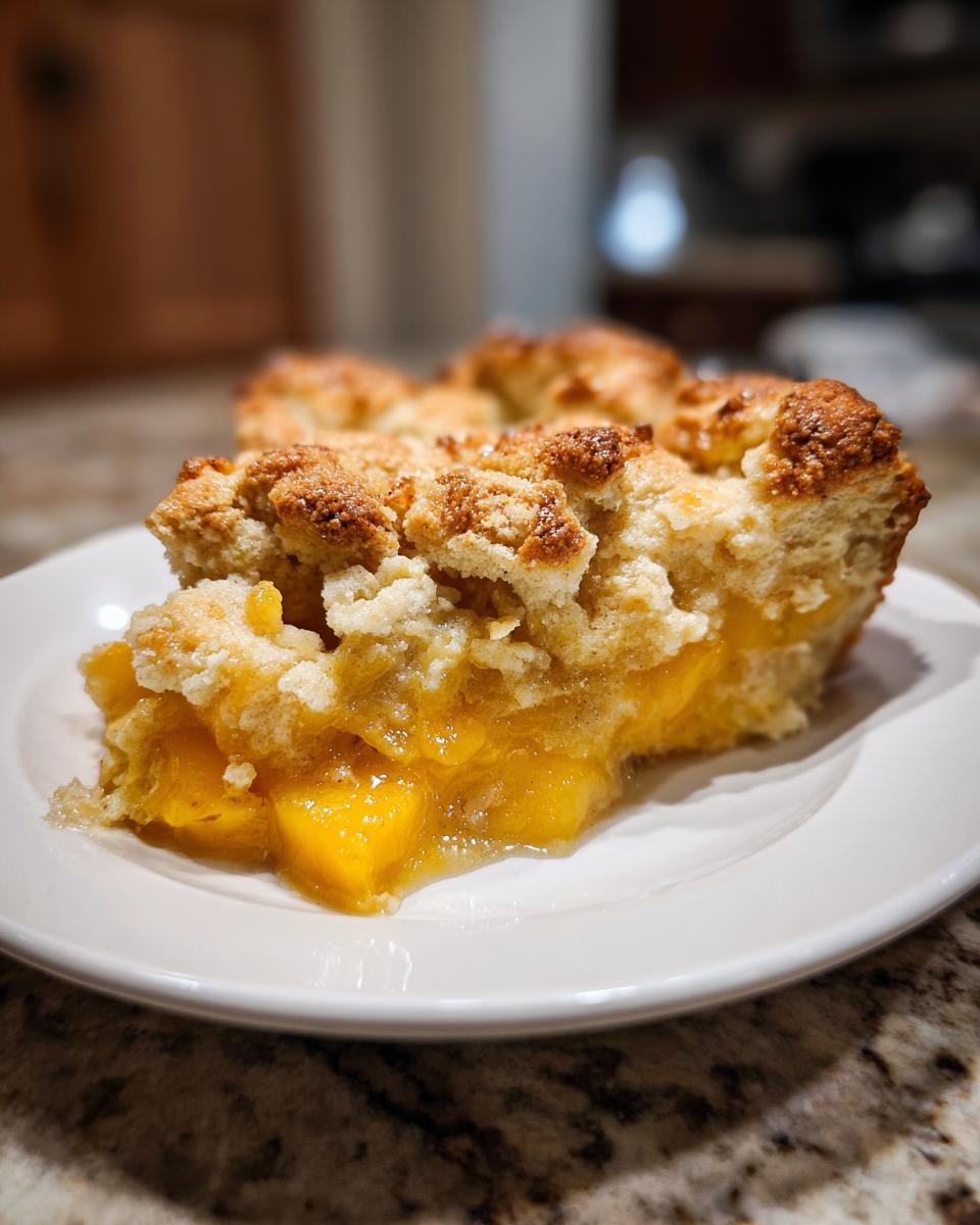 A close-up of a warm slice of southern peach cobbler with juicy peaches and a golden, crumbly topping on a white plate.