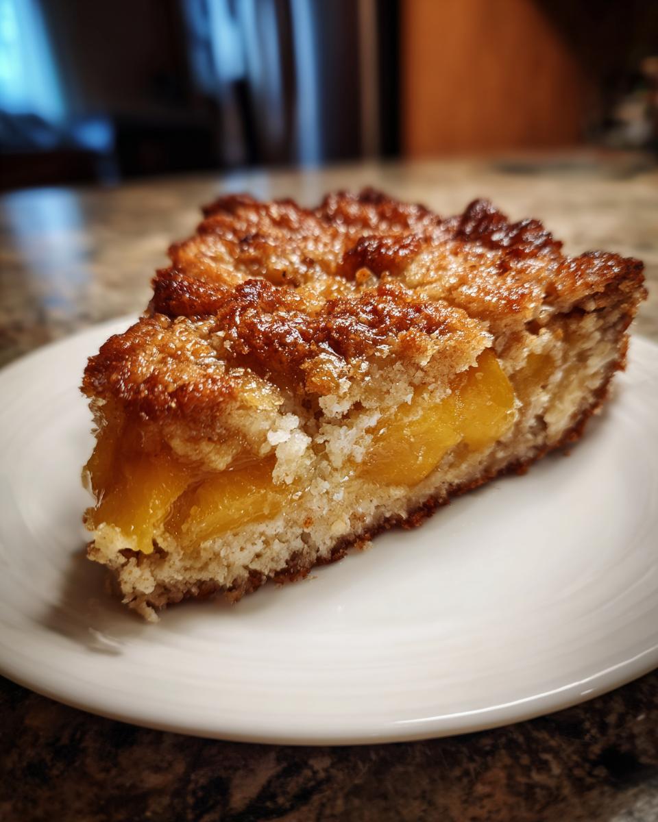 A close-up of a warm slice of southern peach cobbler with a crunchy, caramelized topping.