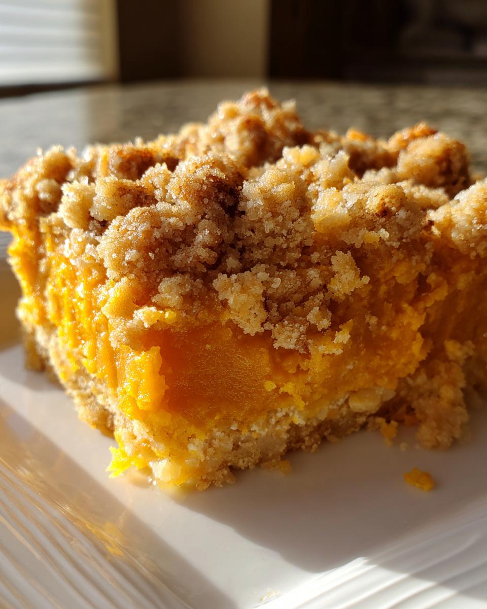 Close-up of a rich, orange slice of southern sweet potato casserole topped with a thick, sugary pecan crumble.