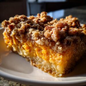 Close-up of a square slice of southern sweet potato casserole with a thick, crunchy pecan crumble topping.