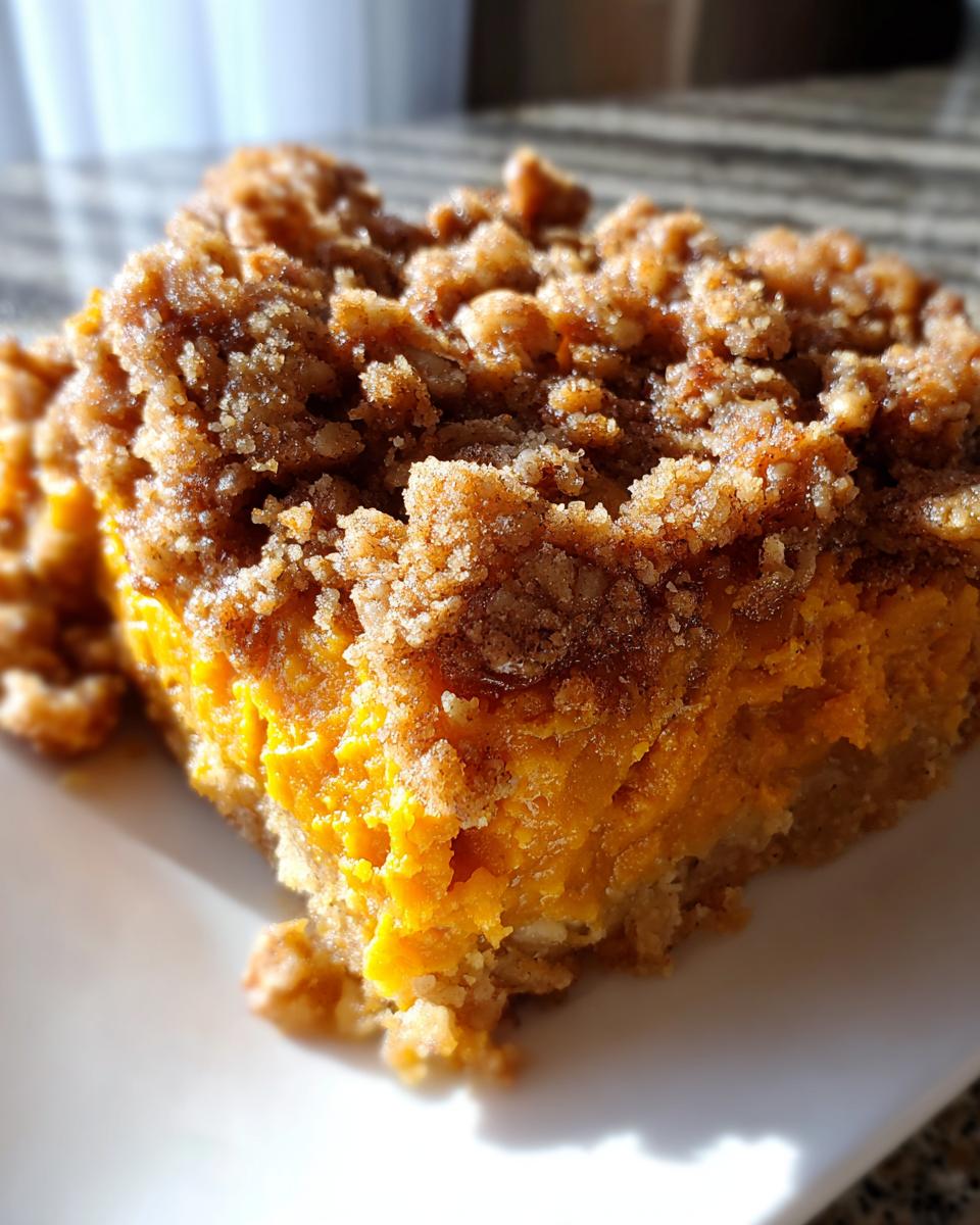 Close-up of a square serving of southern sweet potato casserole featuring a vibrant orange filling and a thick, brown sugar pecan crumb topping.