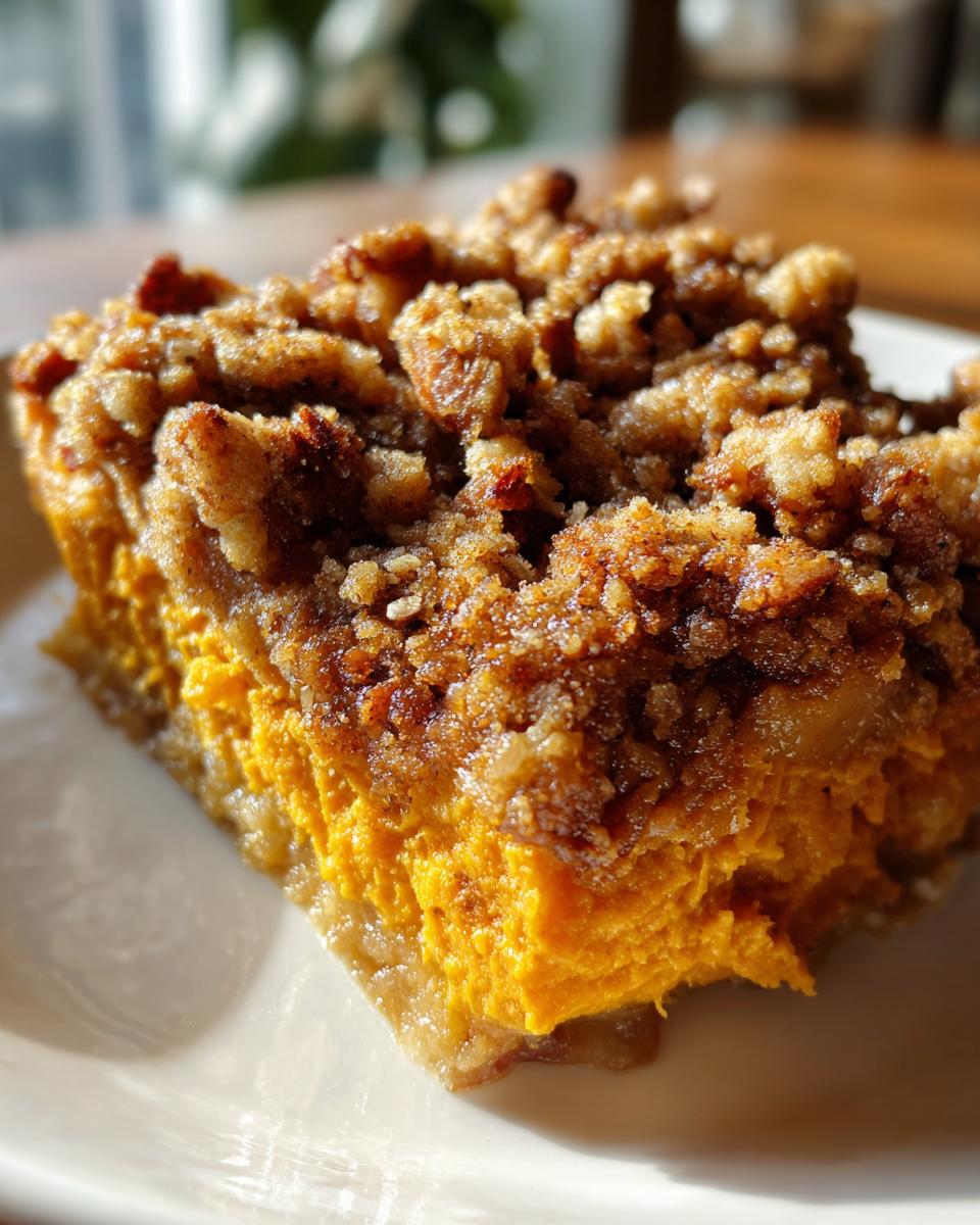 Close-up of a rich, orange slice of southern sweet potato casserole topped with a crunchy brown sugar and pecan streusel.