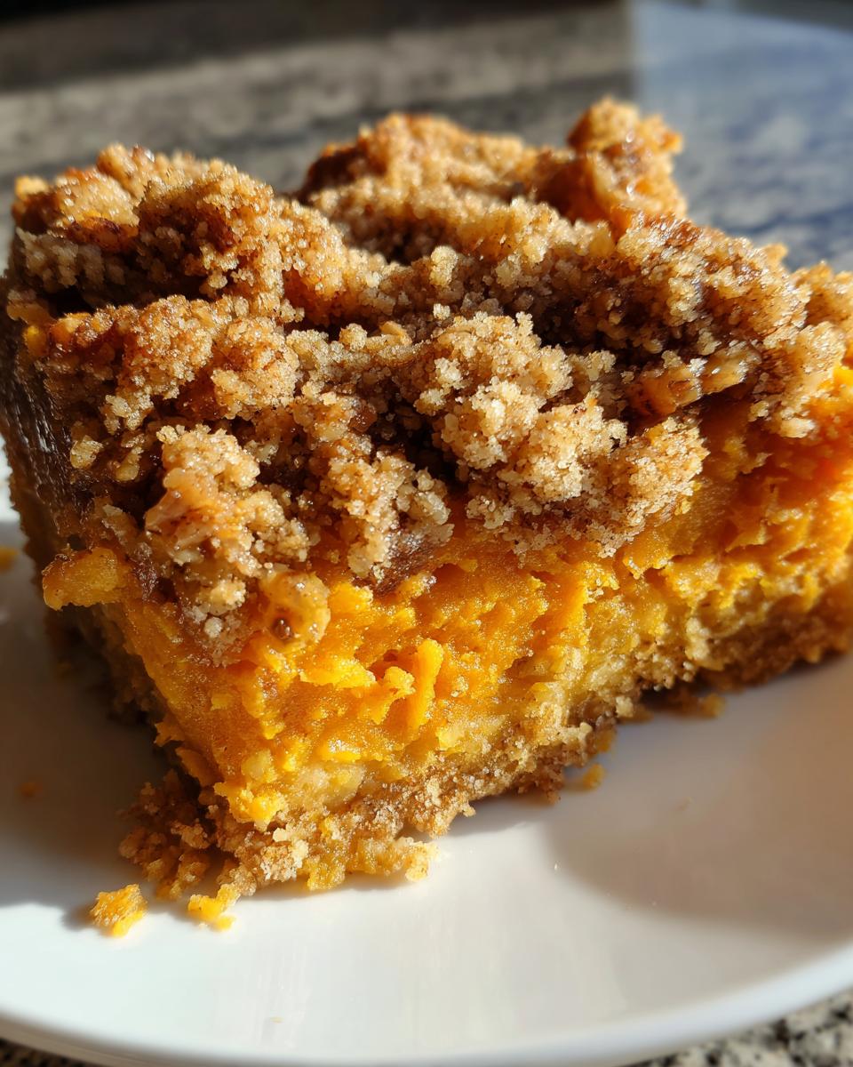 A close-up of a square serving of southern sweet potato casserole topped with a thick, crumbly brown sugar streusel.