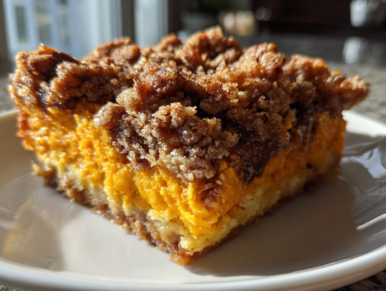 Close-up of a rich slice of southern sweet potato casserole topped with a thick, dark brown streusel topping.