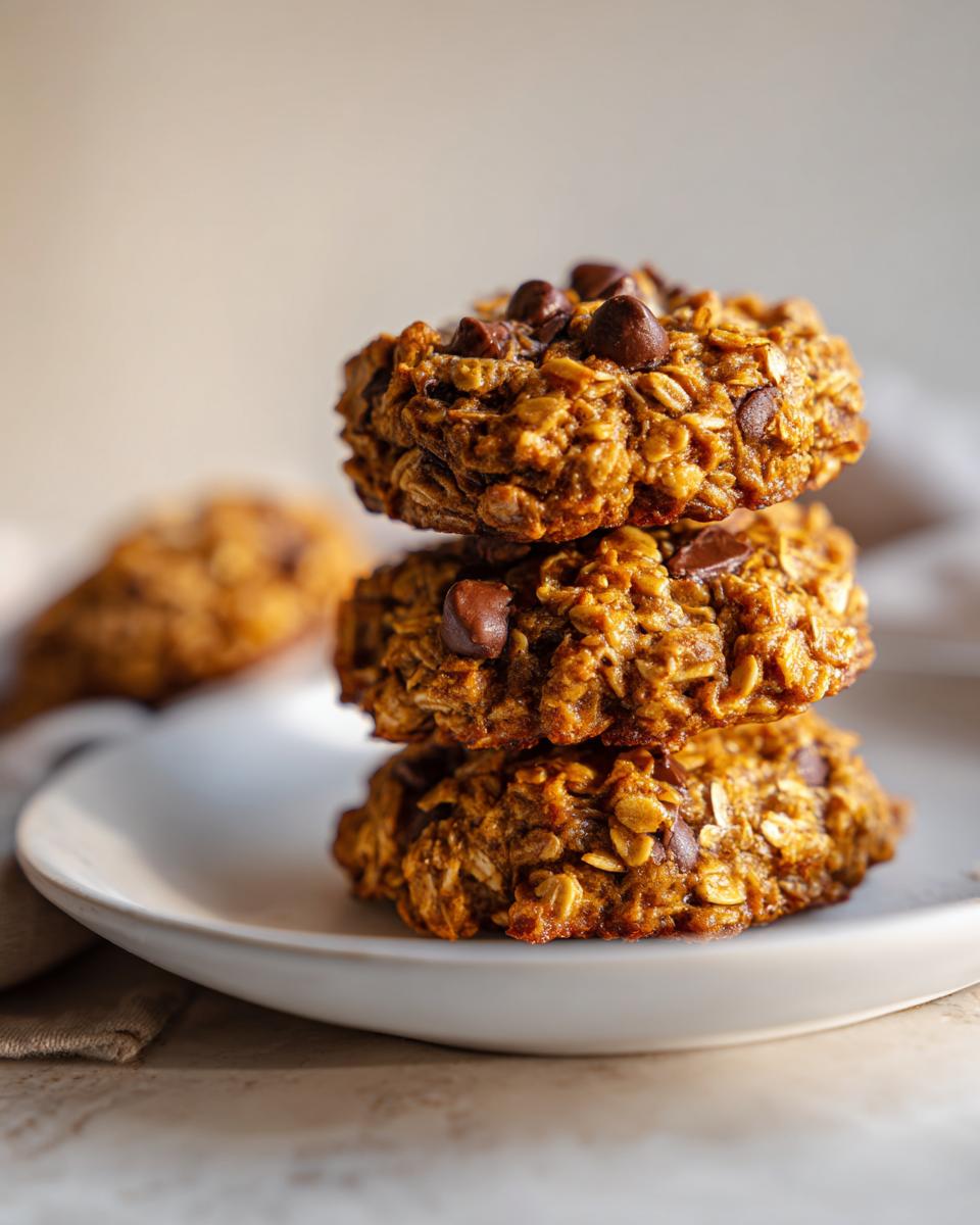 A stack of three hearty, golden-brown breakfast cookie loaded with visible oats and chocolate chips, resting on a white plate.