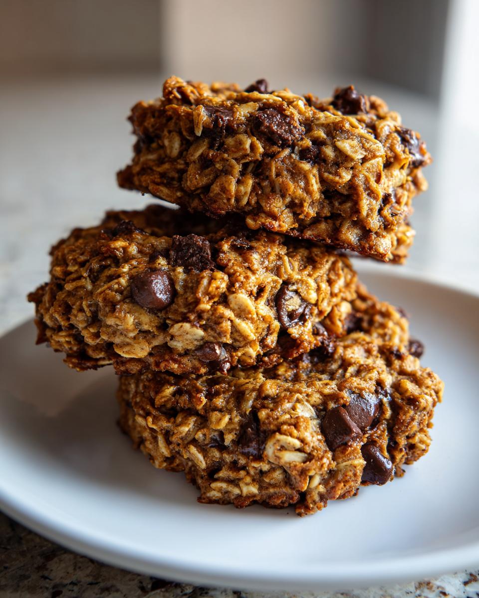 Three stacked, hearty chocolate chip breakfast cookie treats made with oats, sitting on a white plate.