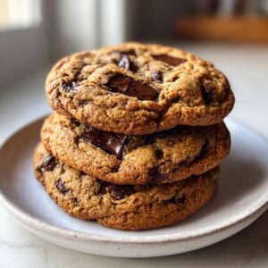 A close-up stack of three thick, chewy chocolate chip cookie rounds on a light plate.