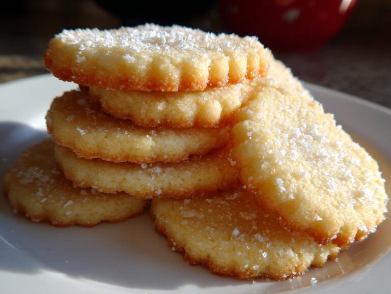 Close-up of a stack of golden, round butter cookies dusted with coarse sugar crystals on a white plate.