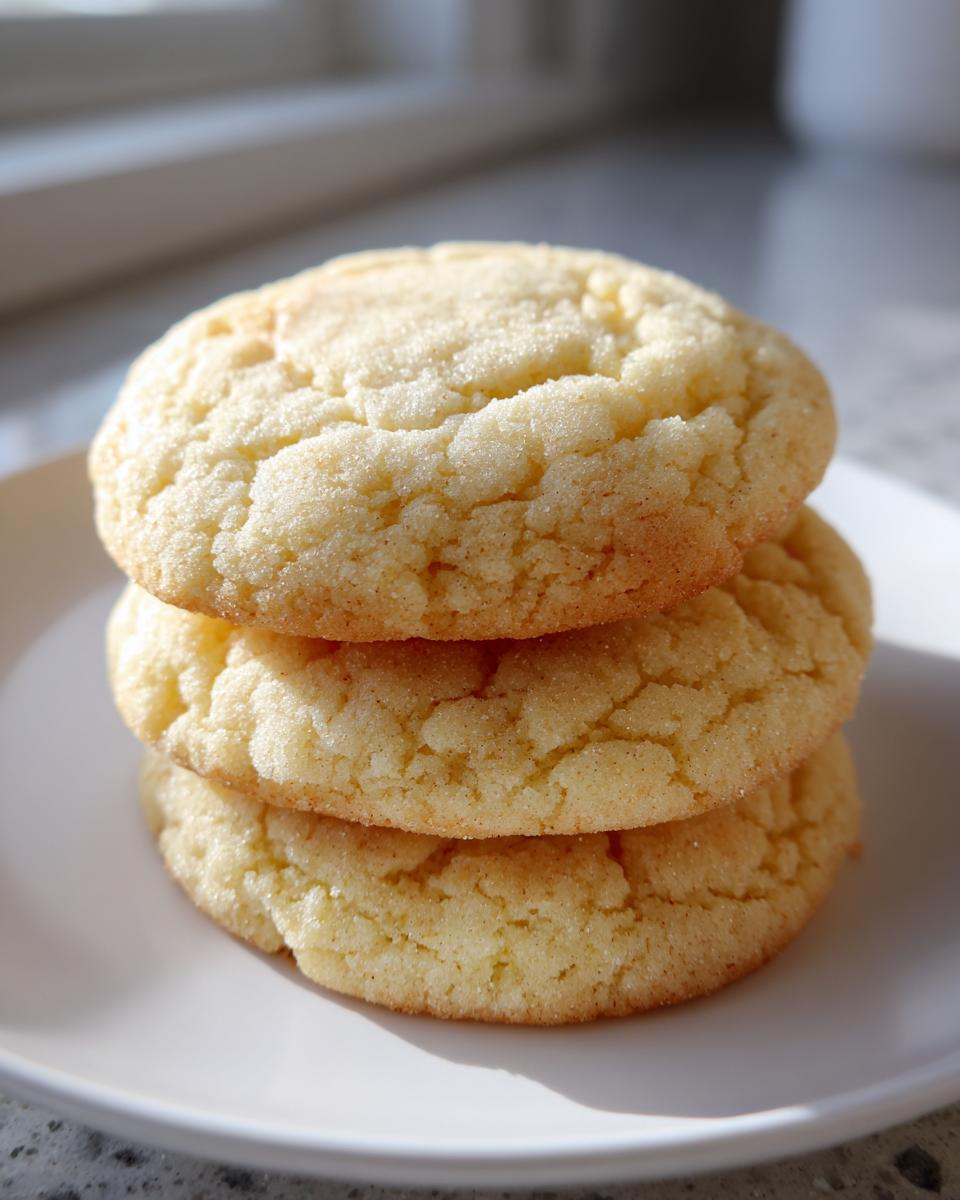 A stack of three perfectly soft sugar cookies, coated in sparkling sugar, sitting on a white plate.