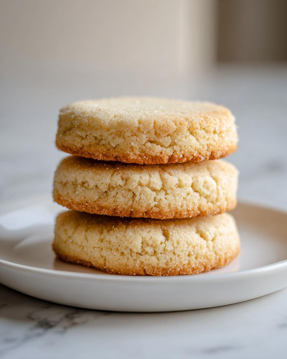 A stack of three thick, round, soft sugar cookies sprinkled with sugar, resting on a white plate.