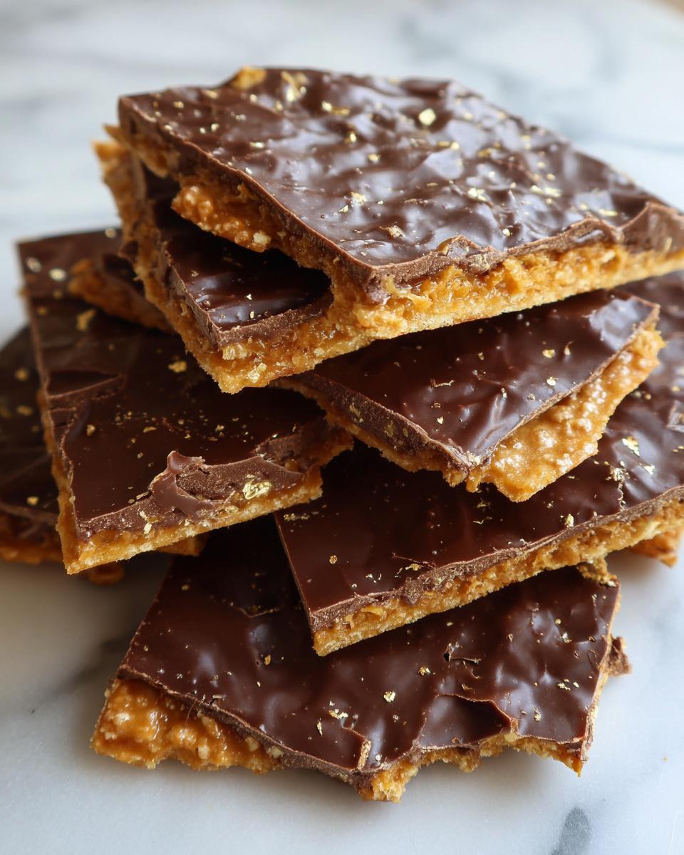 Close-up of stacked, broken pieces of graham cracker toffee topped with melted dark chocolate and gold flakes.