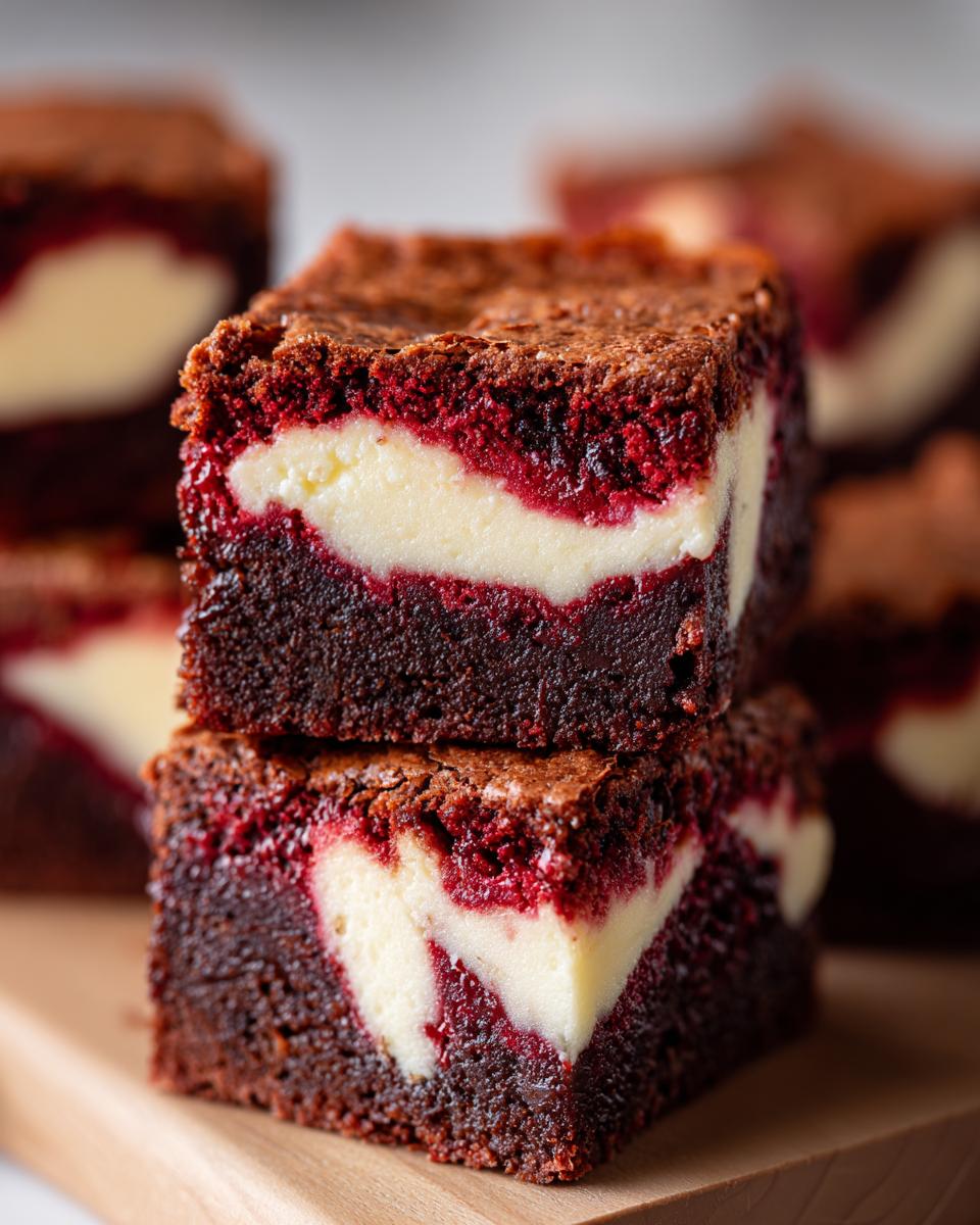 Two stacked, fudgy red velvet cheesecake brownies showing the bright red cake layer and creamy white cheesecake swirl.