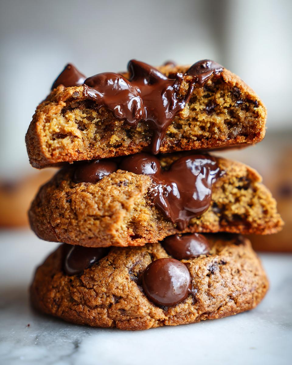 Close-up of three stacked vegan chocolate chip cookies, with the top two broken open revealing gooey, melted chocolate.