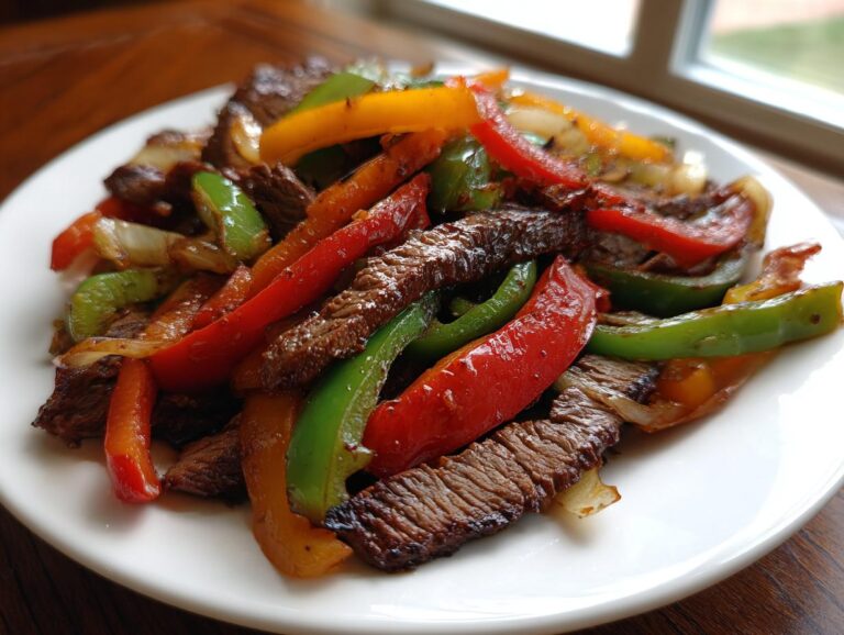 Close-up of vibrant steak fajitas featuring sliced steak, red, green, and yellow bell peppers, and onions on a white plate.