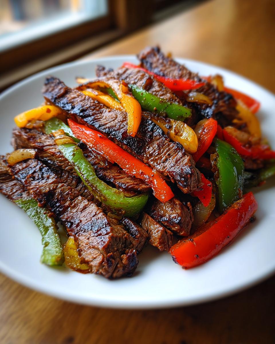 Close-up of perfectly cooked steak fajitas strips mixed with vibrant red, green, and yellow bell peppers.