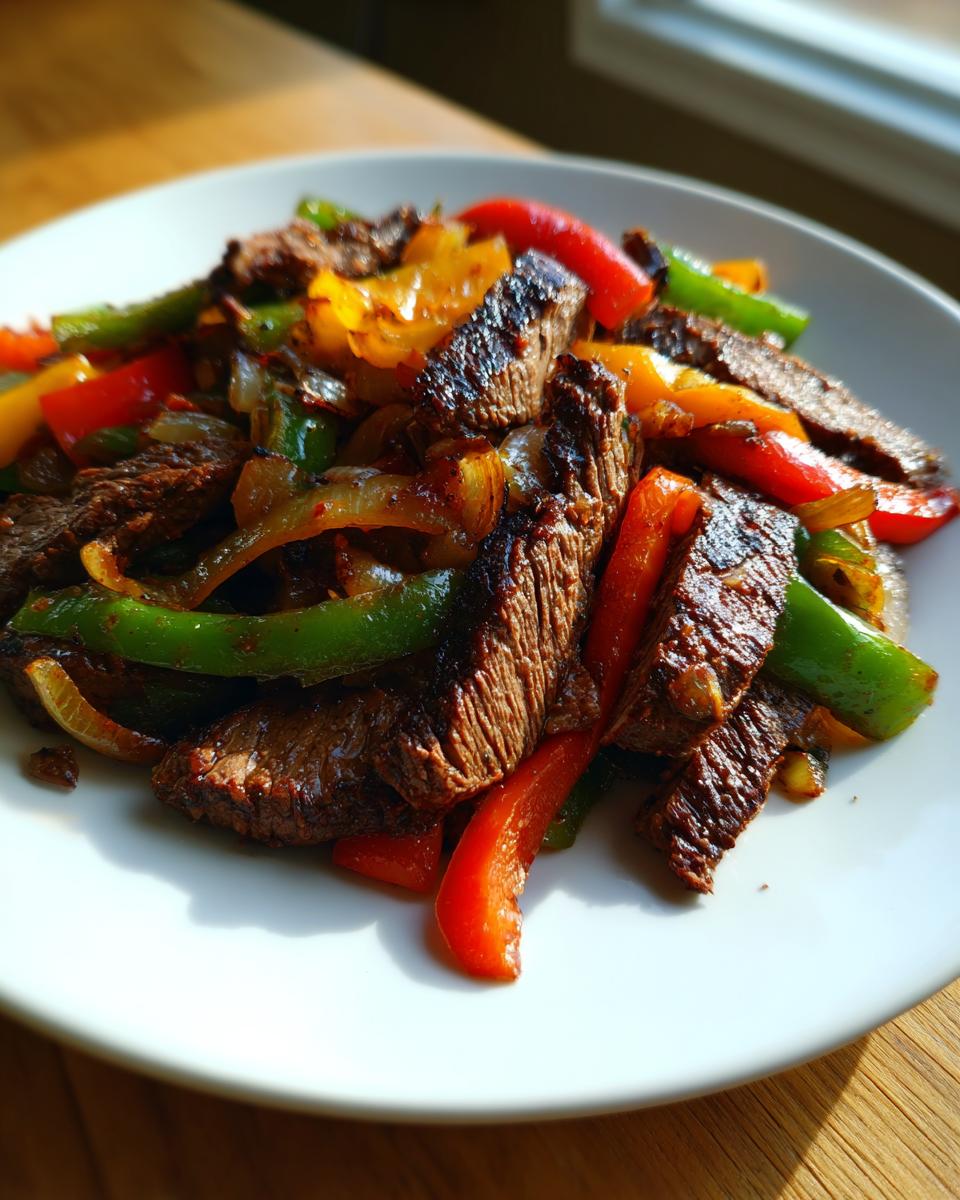 Close-up of sizzling steak fajitas featuring strips of seared steak, green, red, and yellow bell peppers, and onions on a white plate.