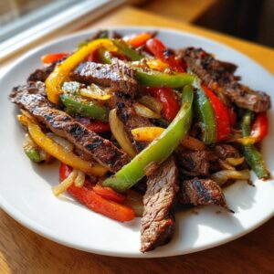 Close-up of sizzling steak fajitas featuring grilled strips of beef mixed with colorful bell peppers and onions.