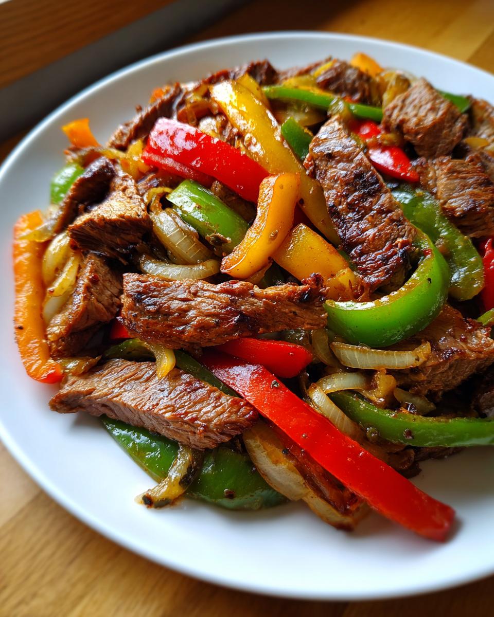 Close-up of perfectly cooked steak fajitas featuring strips of seared beef mixed with vibrant red, green, and yellow bell peppers and onions.