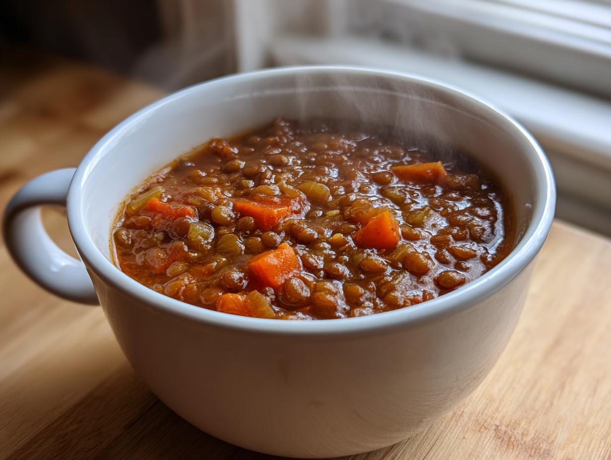 Close-up of a steaming white mug filled with rich, hearty lentil soup containing visible chunks of carrot and celery.