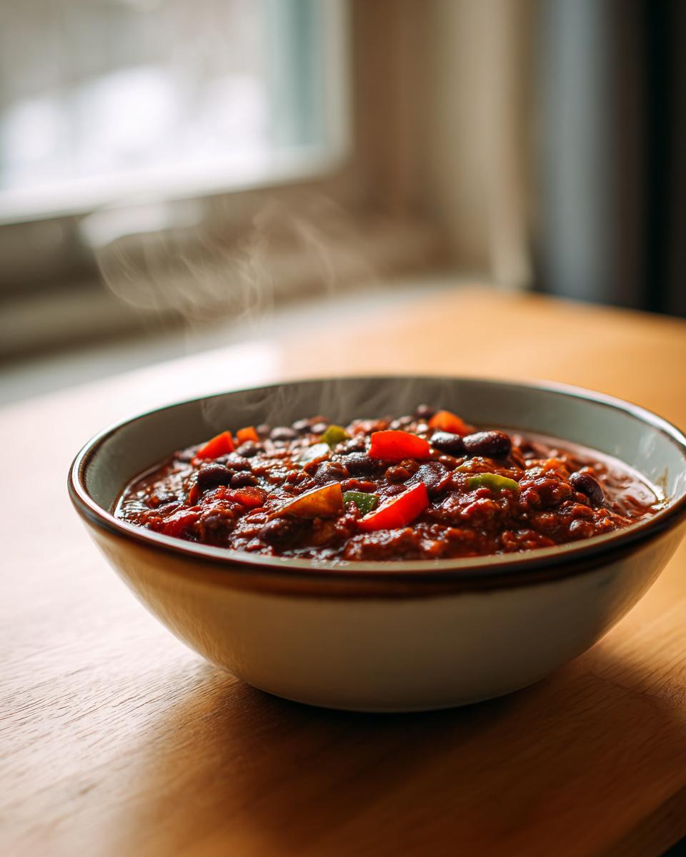 A steaming bowl of rich, dark black bean chili topped with diced red peppers, ready to eat.