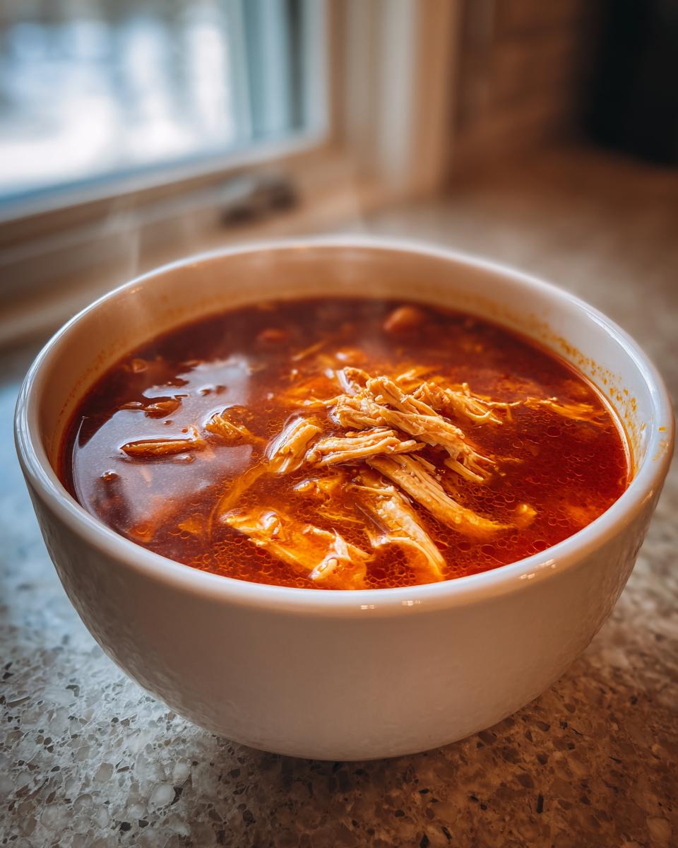 Close-up of a steaming white bowl filled with rich red broth and shredded chicken for chicken pozole.