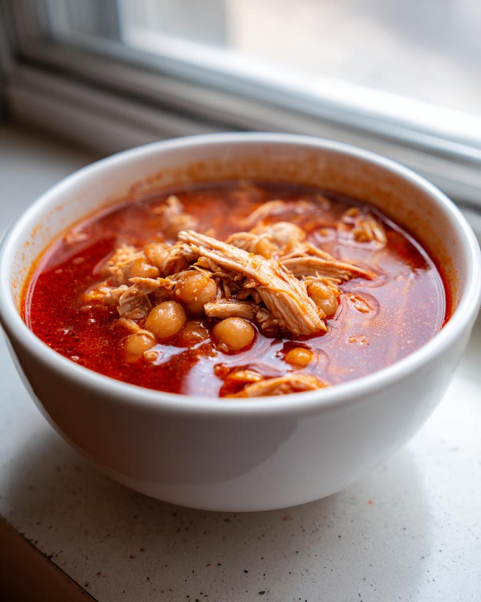 Close-up of a white bowl filled with steaming red chicken pozole, featuring shredded chicken and hominy kernels.