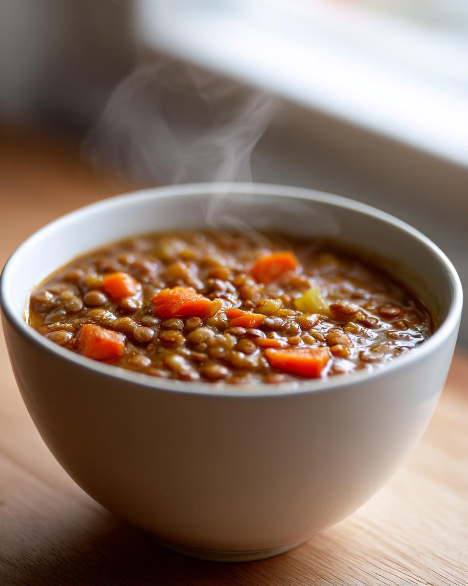 Close-up of a steaming white bowl filled with rich, thick lentil soup containing visible chunks of bright orange carrots.