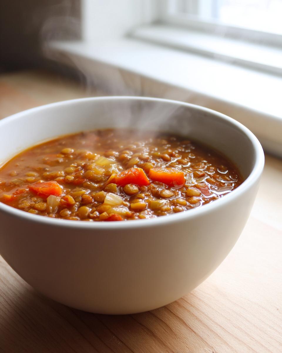 Close-up of a steaming white bowl filled with rich, savory lentil soup featuring visible chunks of carrots and onions.
