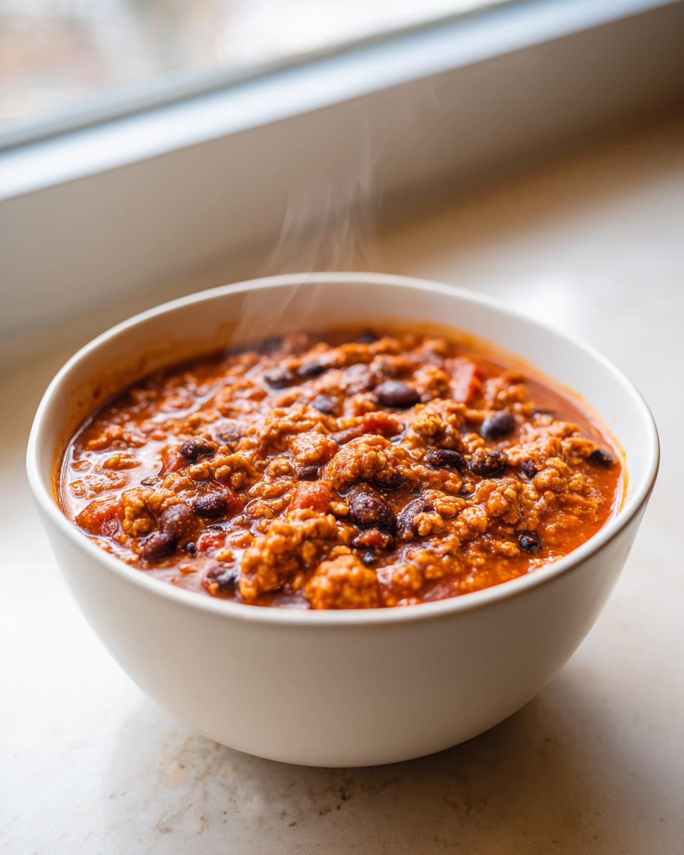 A steaming white bowl filled with rich, hearty pumpkin chili featuring ground meat and black beans.