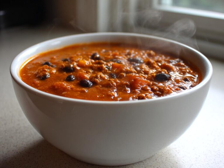 A close-up of a steaming white bowl filled with rich, orange-red pumpkin chili containing ground meat and black beans.