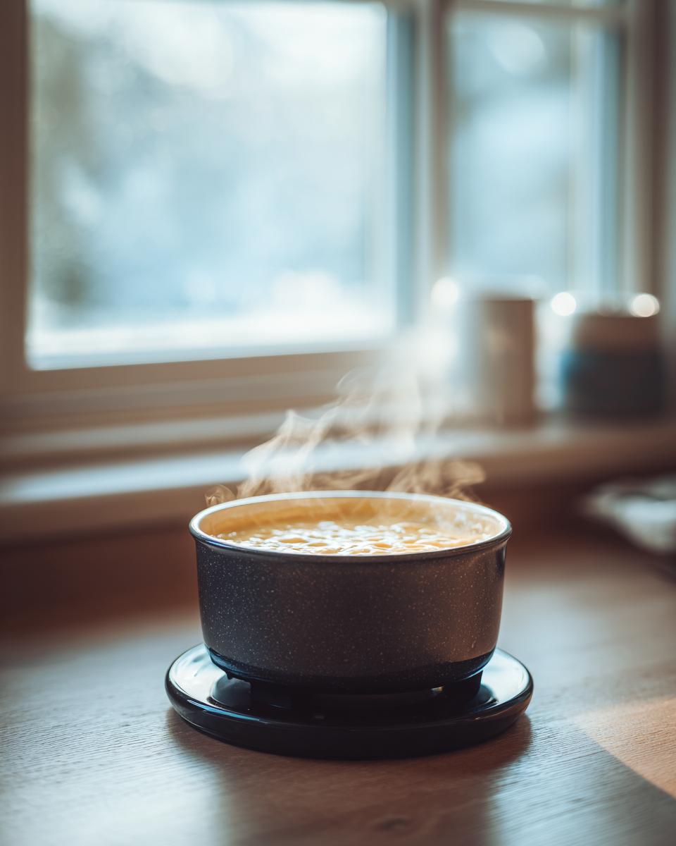 A dark pot of steaming, melted cheese for a cheese fondue recipe sitting on a warmer near a bright window.
