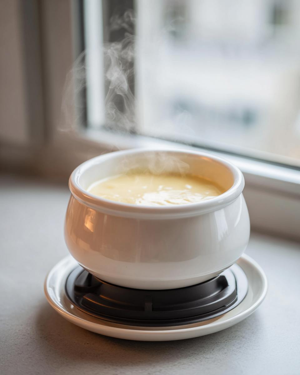 A steaming white ceramic pot containing creamy cheese fondue recipe, set on a warmer base near a window.