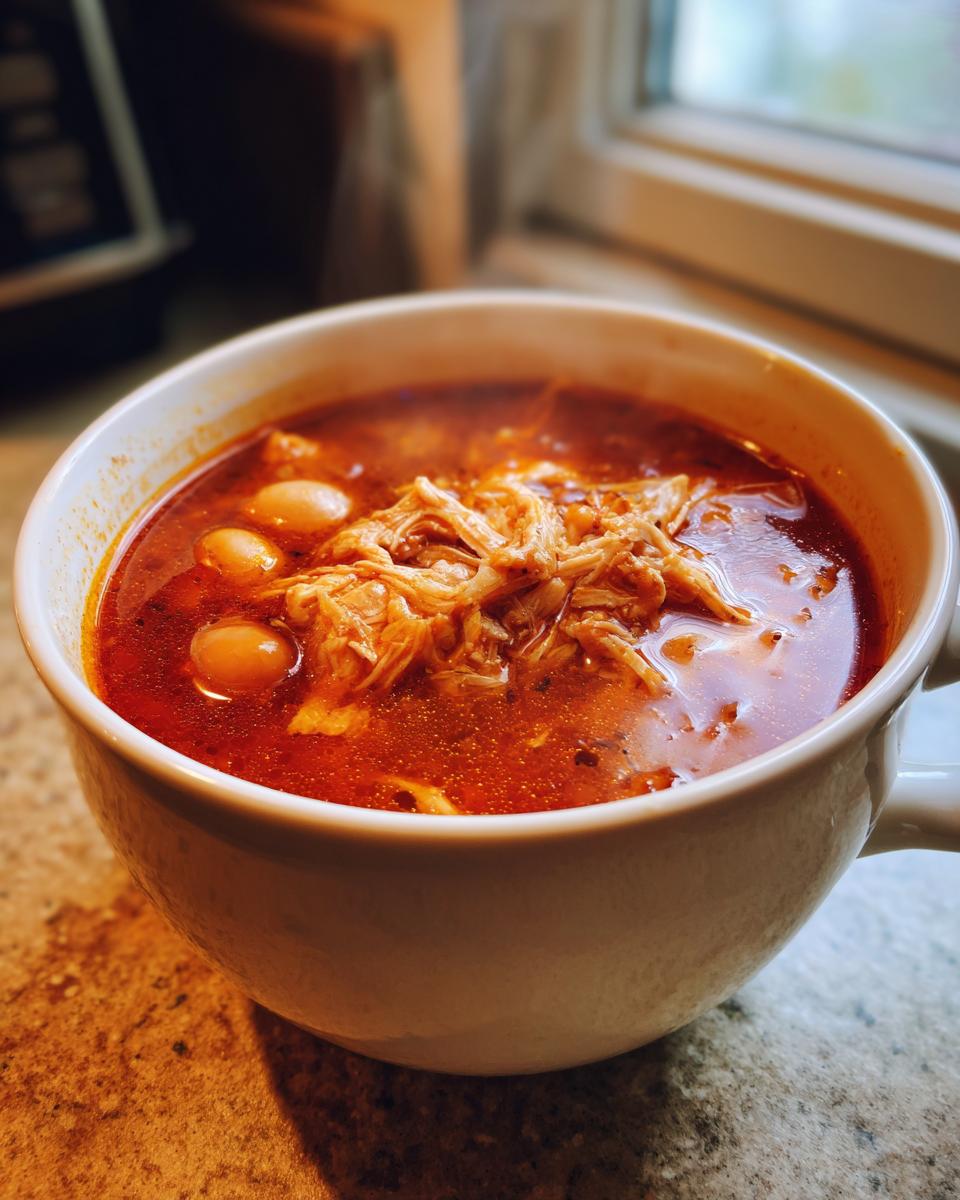 Close-up of a steaming white bowl filled with rich red broth, shredded chicken, and hominy for chicken pozole.