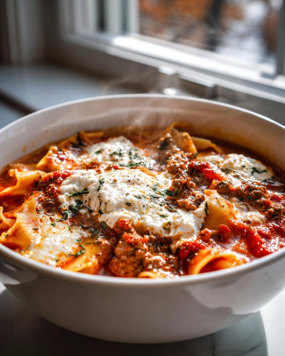 Close-up of a steaming white bowl filled with rich crockpot lasagna soup, topped with dollops of white ricotta cheese and herbs.
