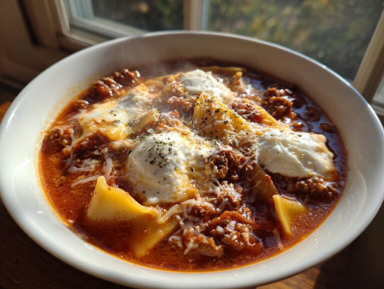 A steaming white bowl filled with rich, red crockpot lasagna soup topped with dollops of ricotta, shredded cheese, and herbs.