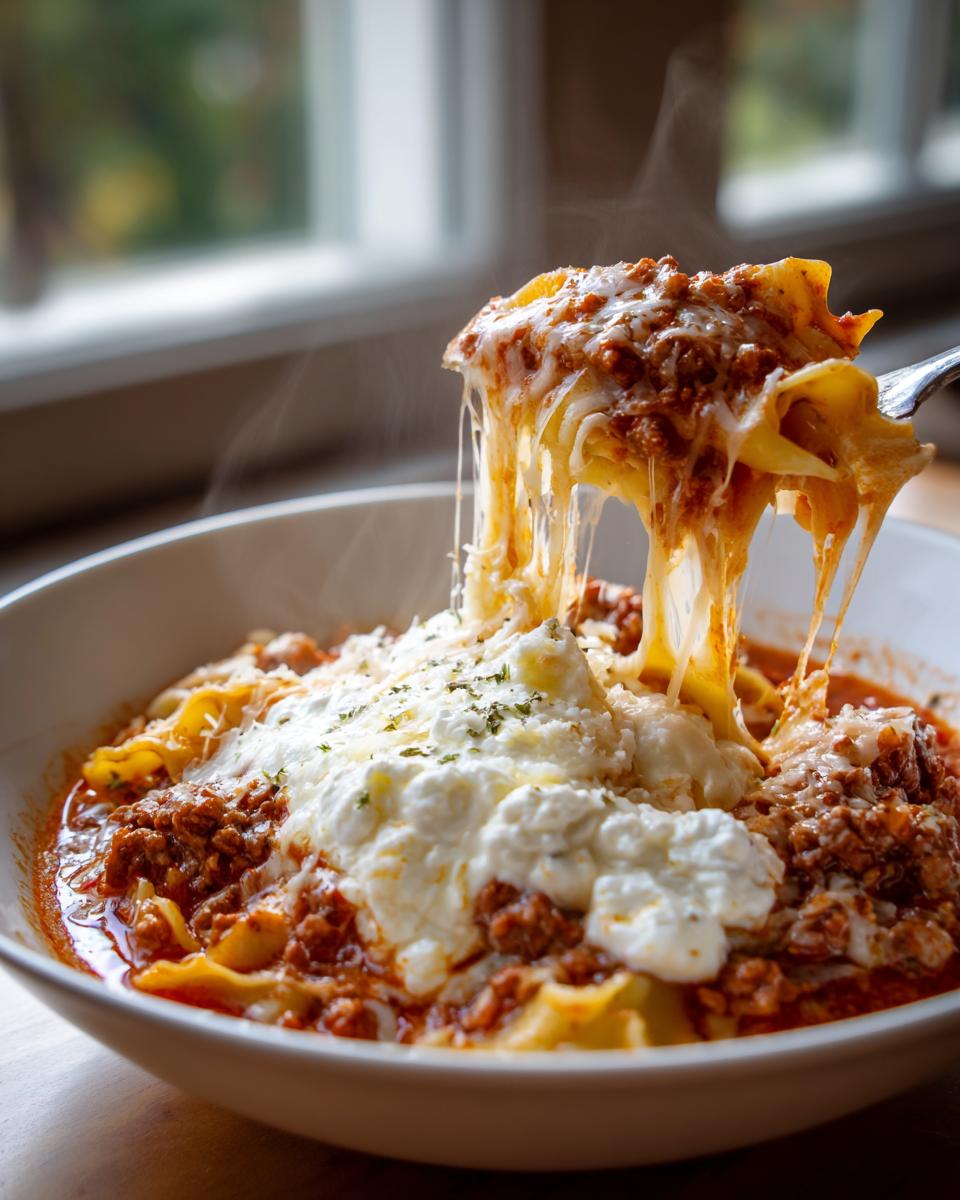 A fork lifts steaming crockpot lasagna soup, showing a dramatic cheese pull over rich meat sauce and ricotta topping.