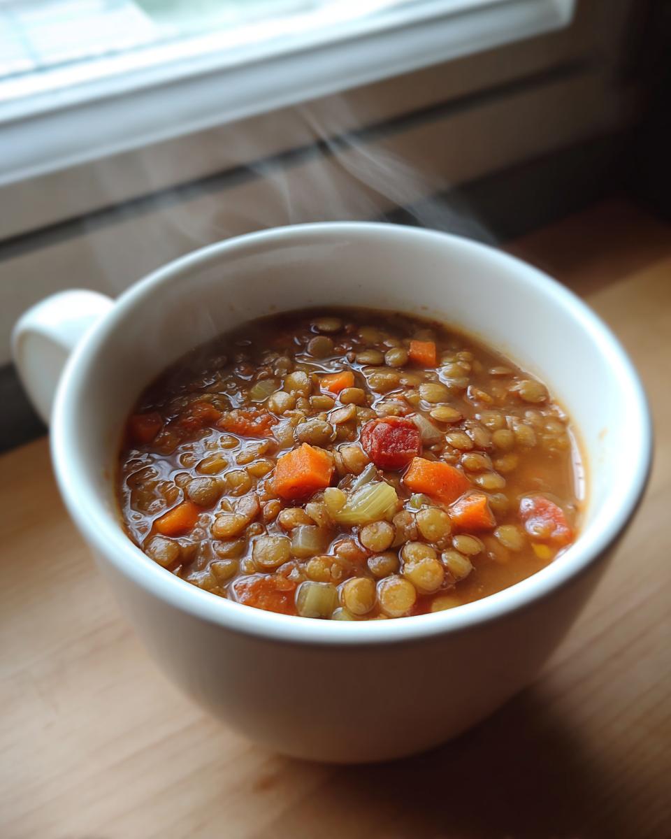 Close-up of a steaming white mug filled with hearty lentil soup containing visible carrots and celery.